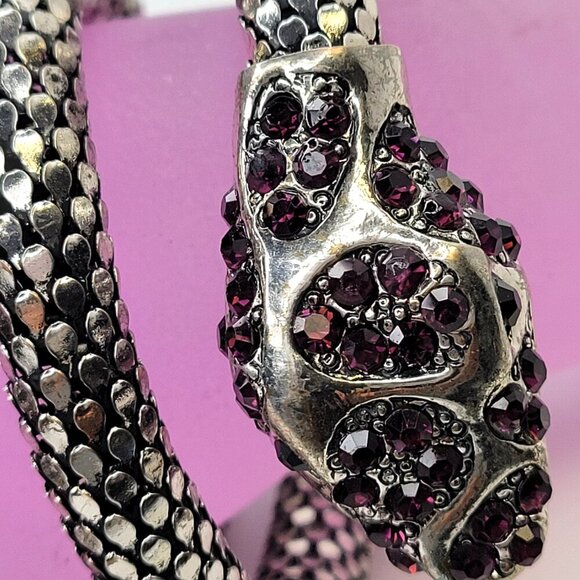 Vintage Mesh Purple Rhinestone 3 Coil Serpent SIlver Snake Bracelet - Picture 6 of 11